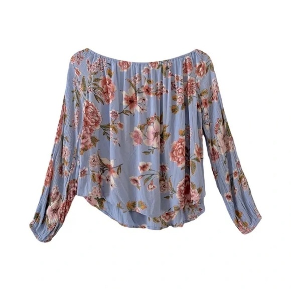 Billabong | Mi Amore Blue Crepe Grandma Floral Off The Shoulder Top, Small - Picture 3 of 6
